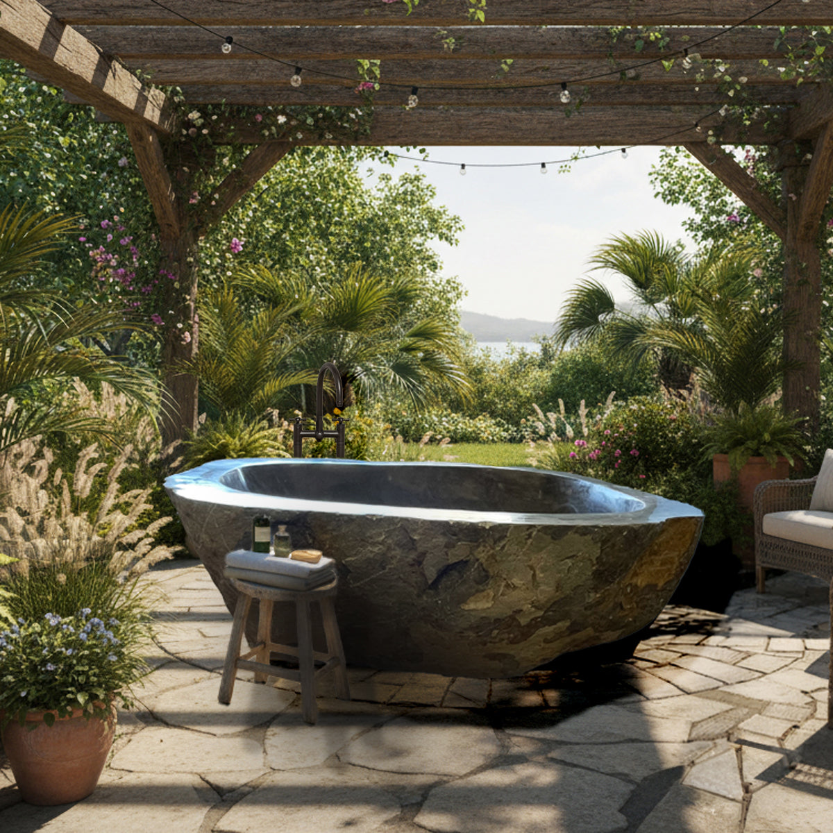 Outdoor natural stone bathtub in a garden setting with a wooden pergola and plants.