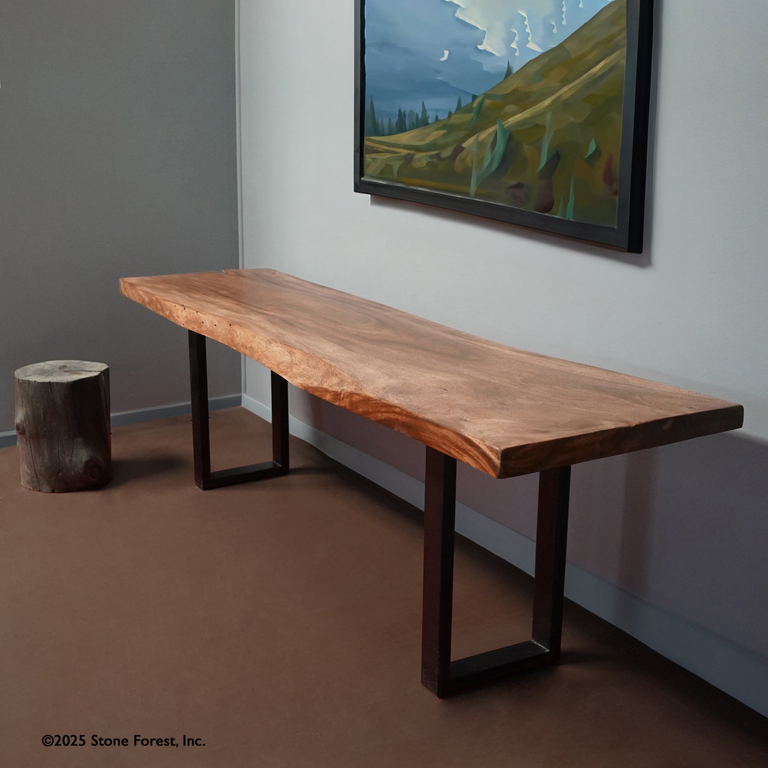 A rectangular Acacia hardwood console table with metal legs.