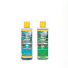 Two bottles of water treatment for fountains, one labeled 'Fountec' for algae and the other 'Protec' for mineral deposit treatment