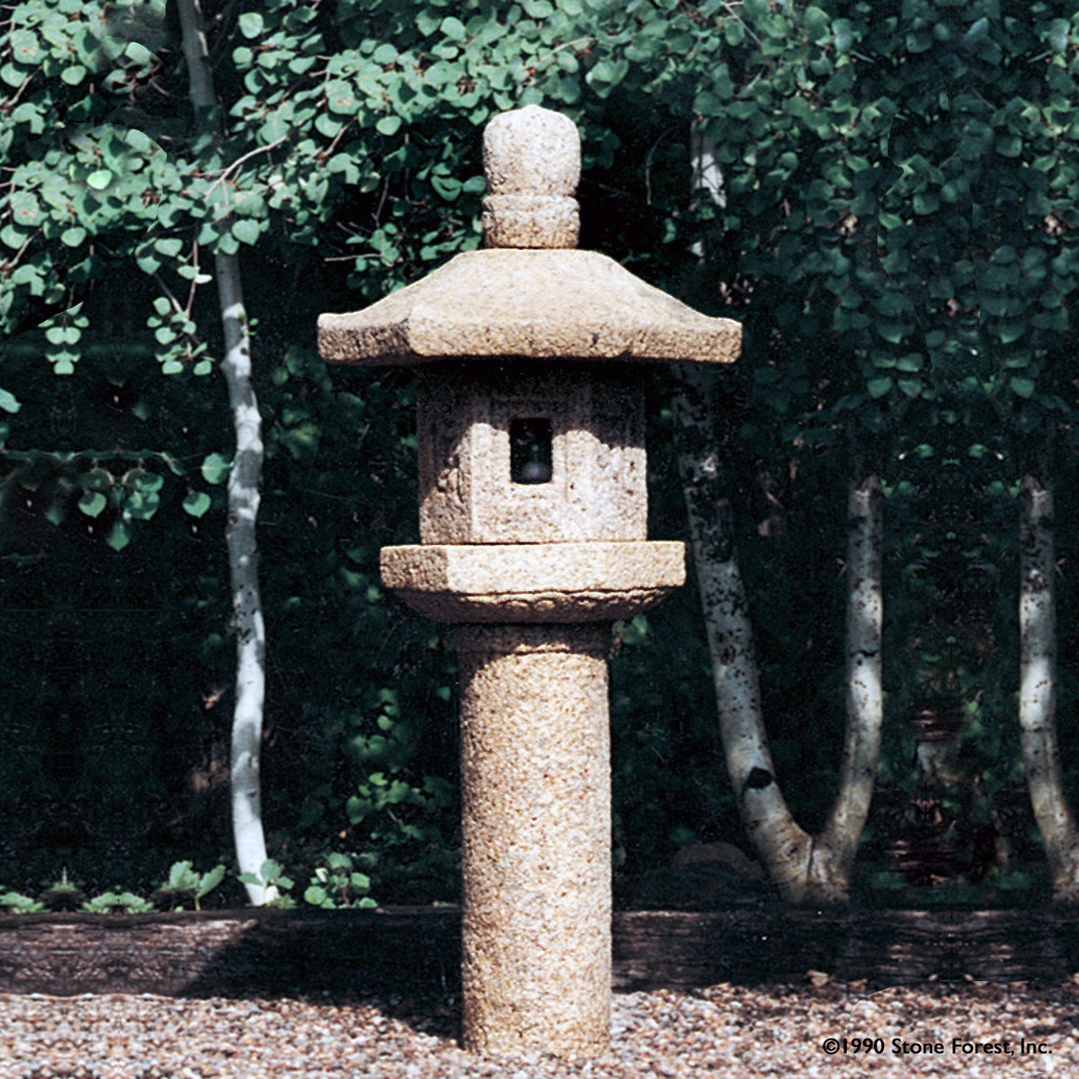 Stone Forest Shinto lantern: this ikekomi-gata style stone lantern (post lantern) a traditional Japanese lantern carved from beige granite.  image 1 of 1