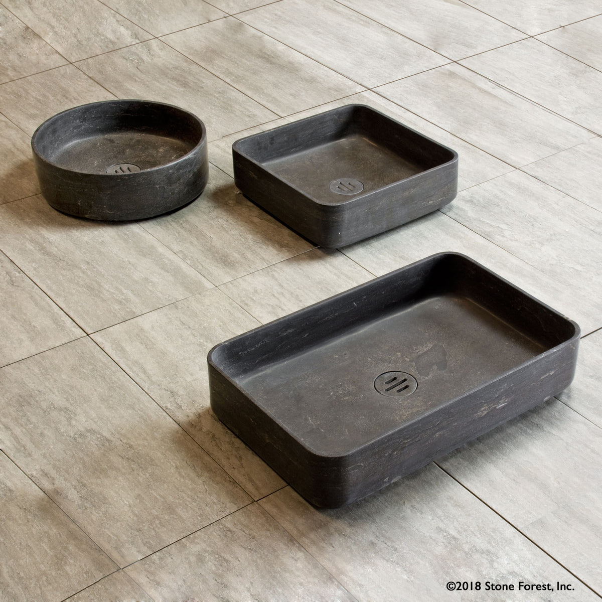 Contour Vessel Sinks in antique gray limestone. Shaped as square, round or rectangular sinks  image 3 of 6