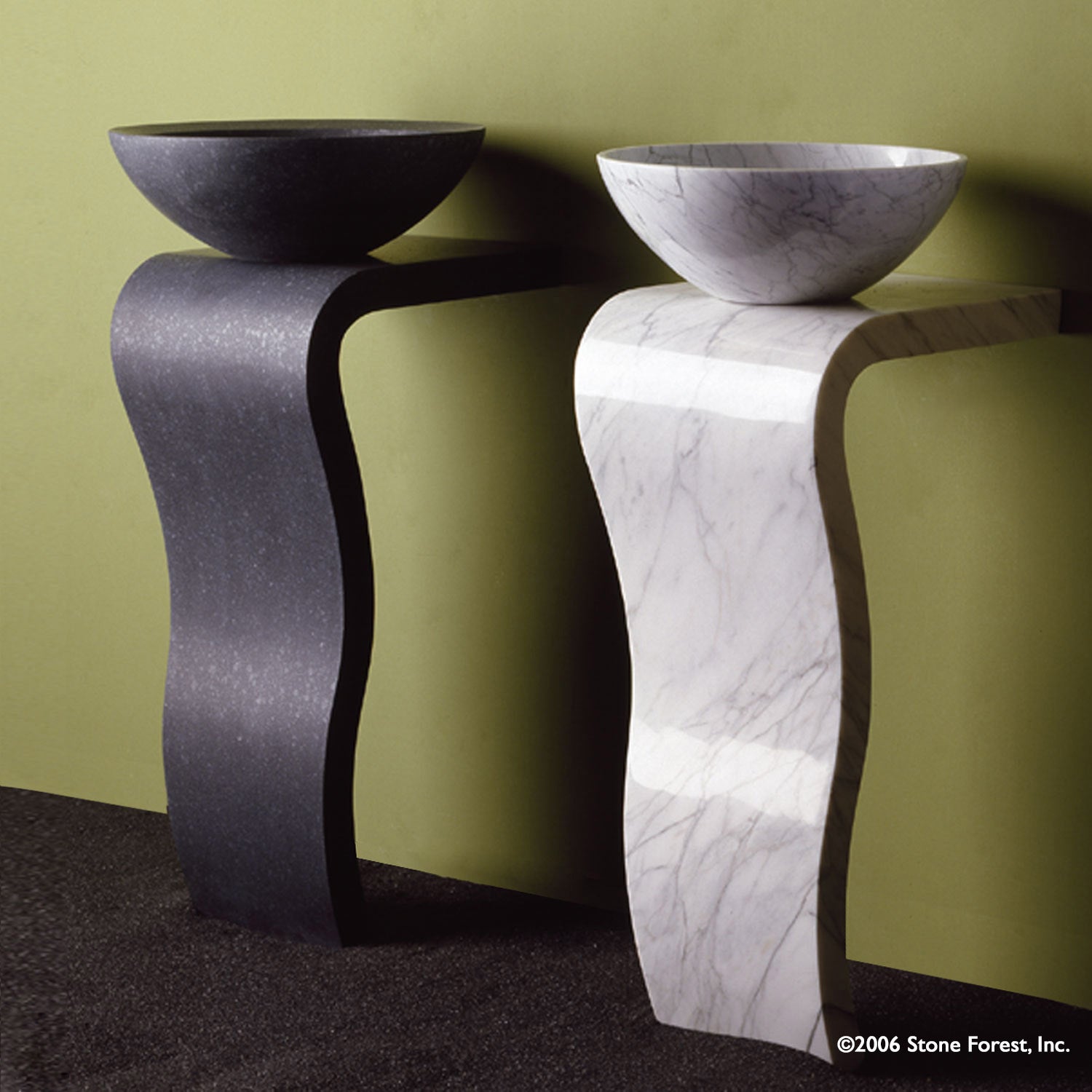  Honed basalt Wave Pedestal with Beveled Rim Vessel Sink AND polished Carrara Wave with the Urban Vessel sink. 