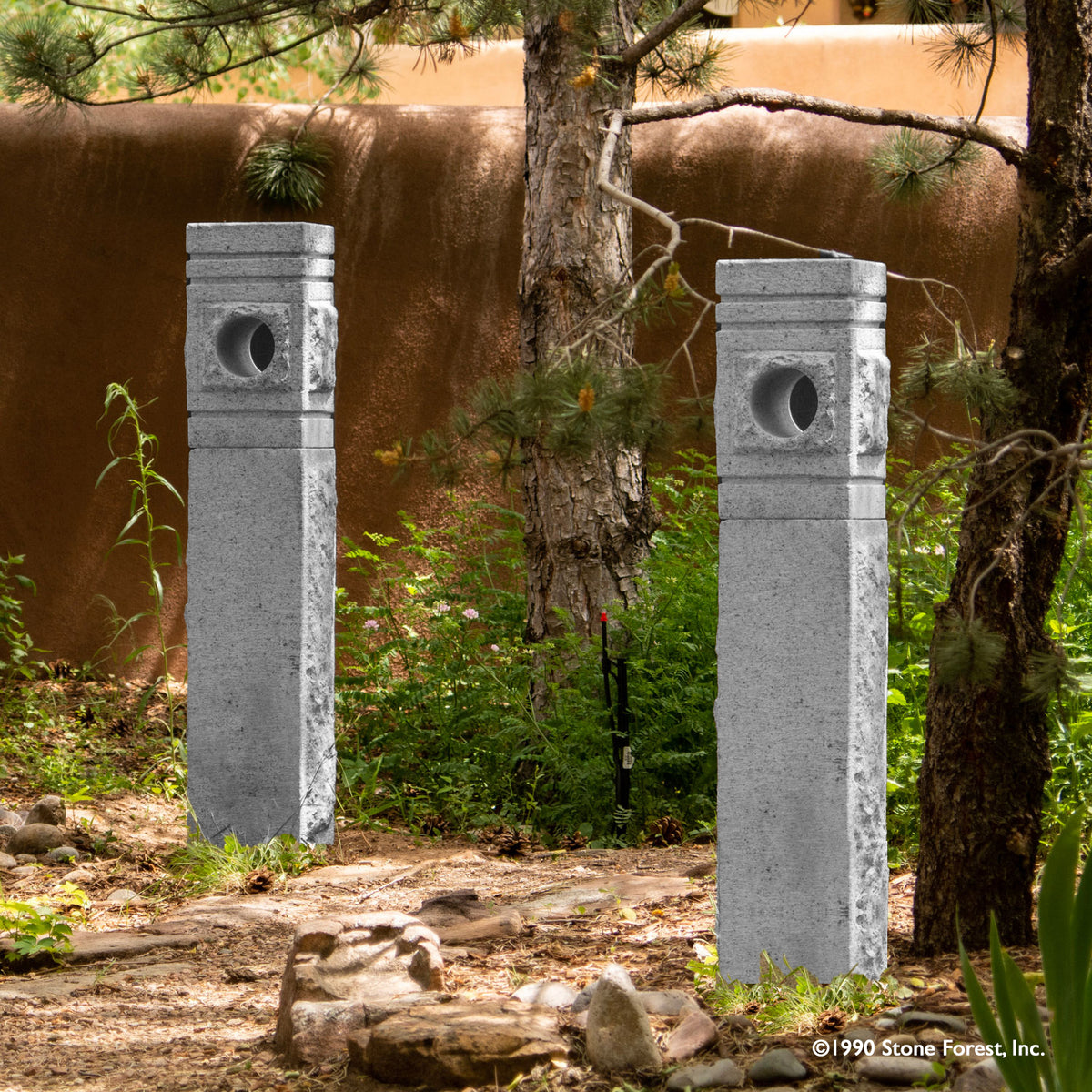 Stone Forest Yosemite Lantern is carved from black & white (salt and pepper )granite blocks. Featuring roughly chiseled areas and finely carved stone faces.  image 2 of 3