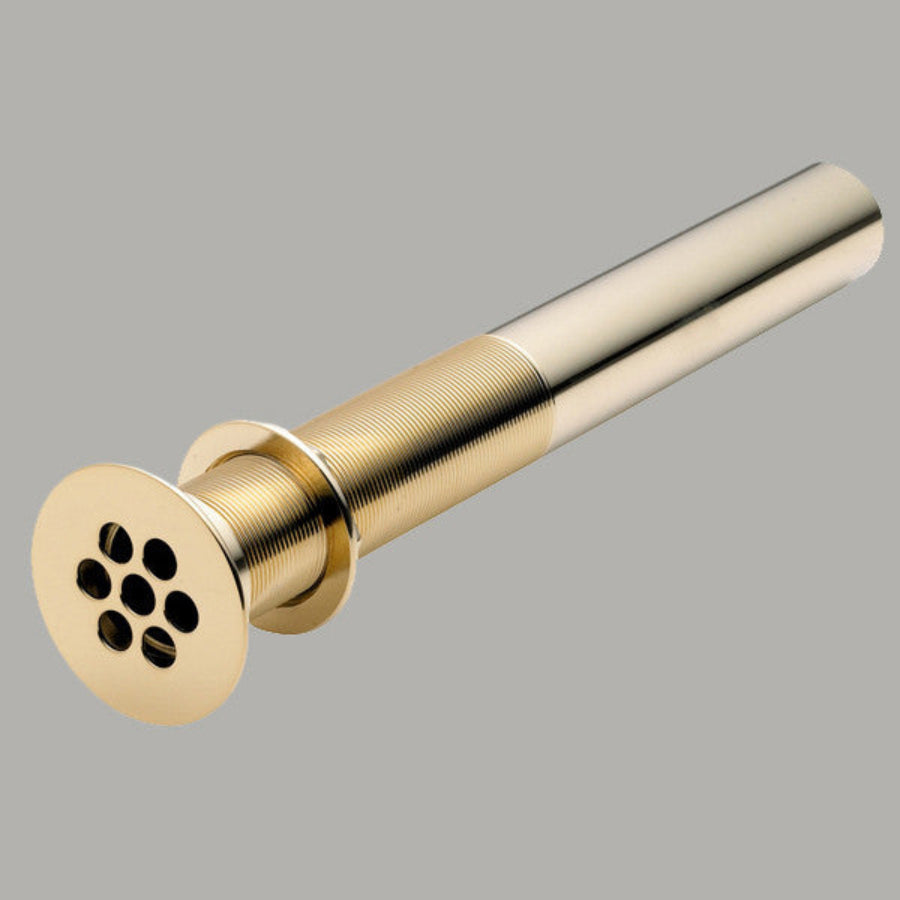A grid drain with a golden-bronze finish and a tailpiece with visible threads.