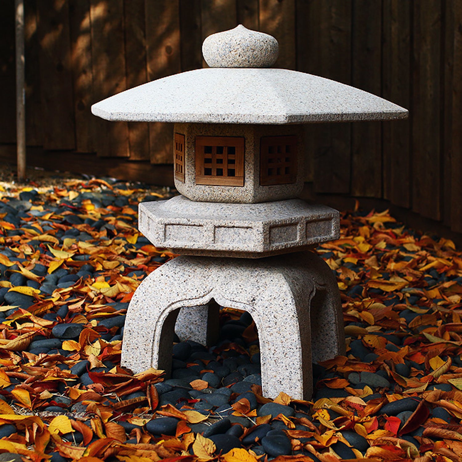 Stone Forest Antique Yukimi: hand-carved, traditional Japanese lantern made of beige granite. 