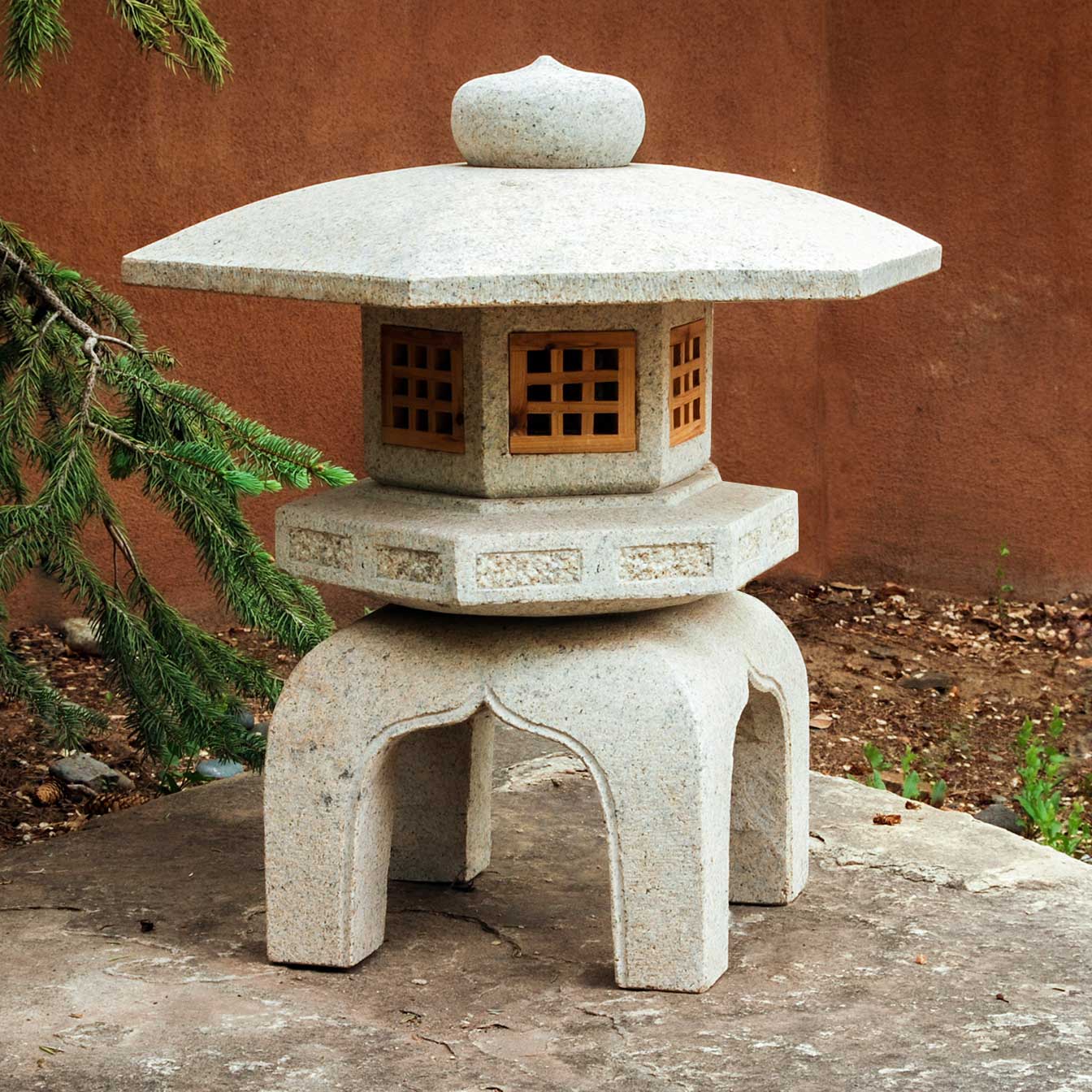 Stone Forest Antique Yukimi: hand-carved, traditional Japanese lantern made of beige granite. 