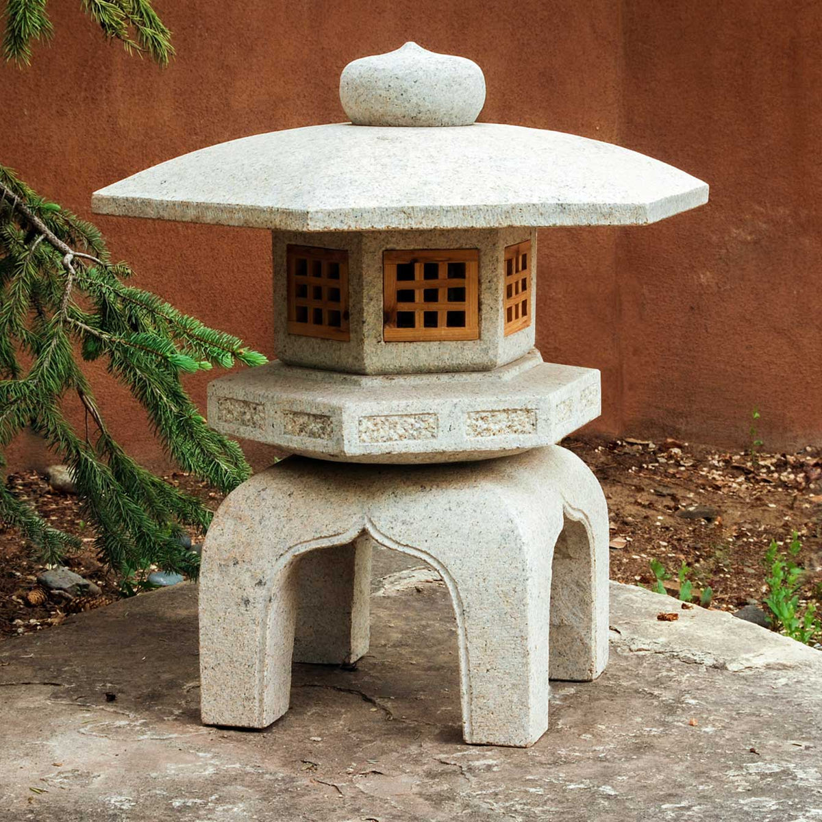 Stone Forest Antique Yukimi: hand-carved, traditional Japanese lantern made of beige granite.  image 2 of 4