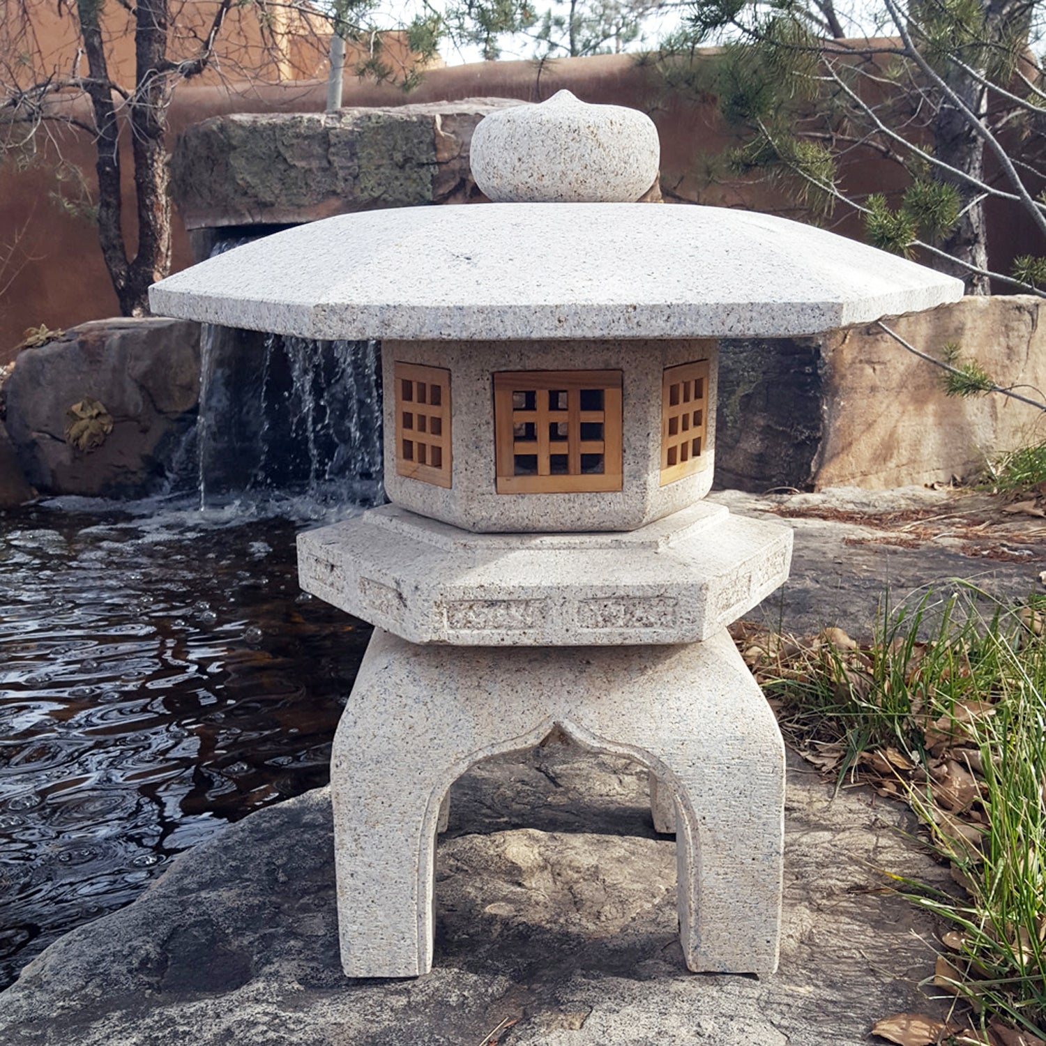 Stone Forest Antique Yukimi: hand-carved, traditional Japanese lantern made of beige granite. 