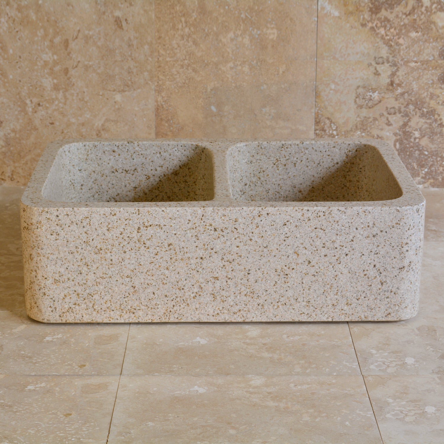 Double Basin Farmhouse Kitchen Sink, Beige Granite