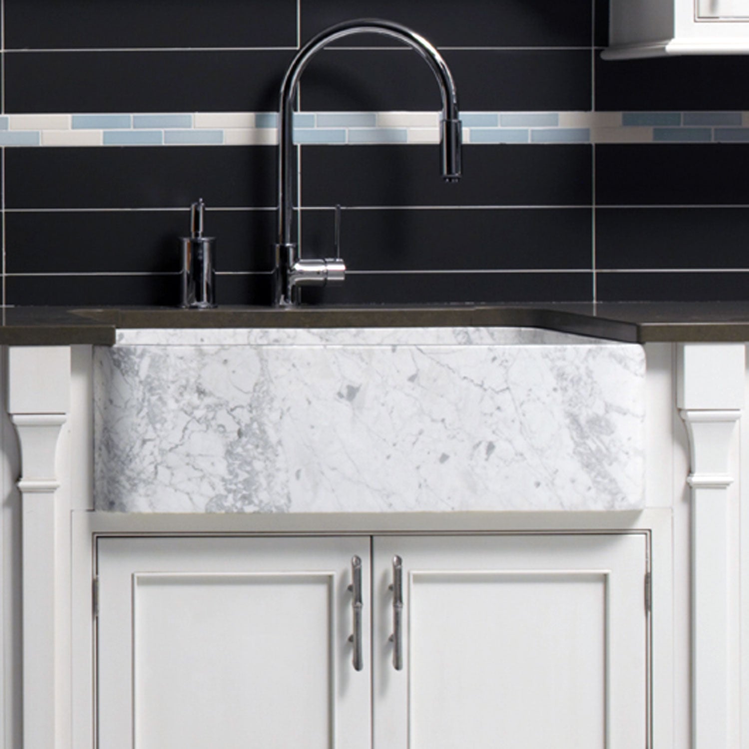 Polished Front Farmhouse Sink carved from carrara marble