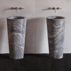 Stone Forest Veneto Pedestal Sink carved from a block of cumulo granite with a polished finish. image 5 of 7
