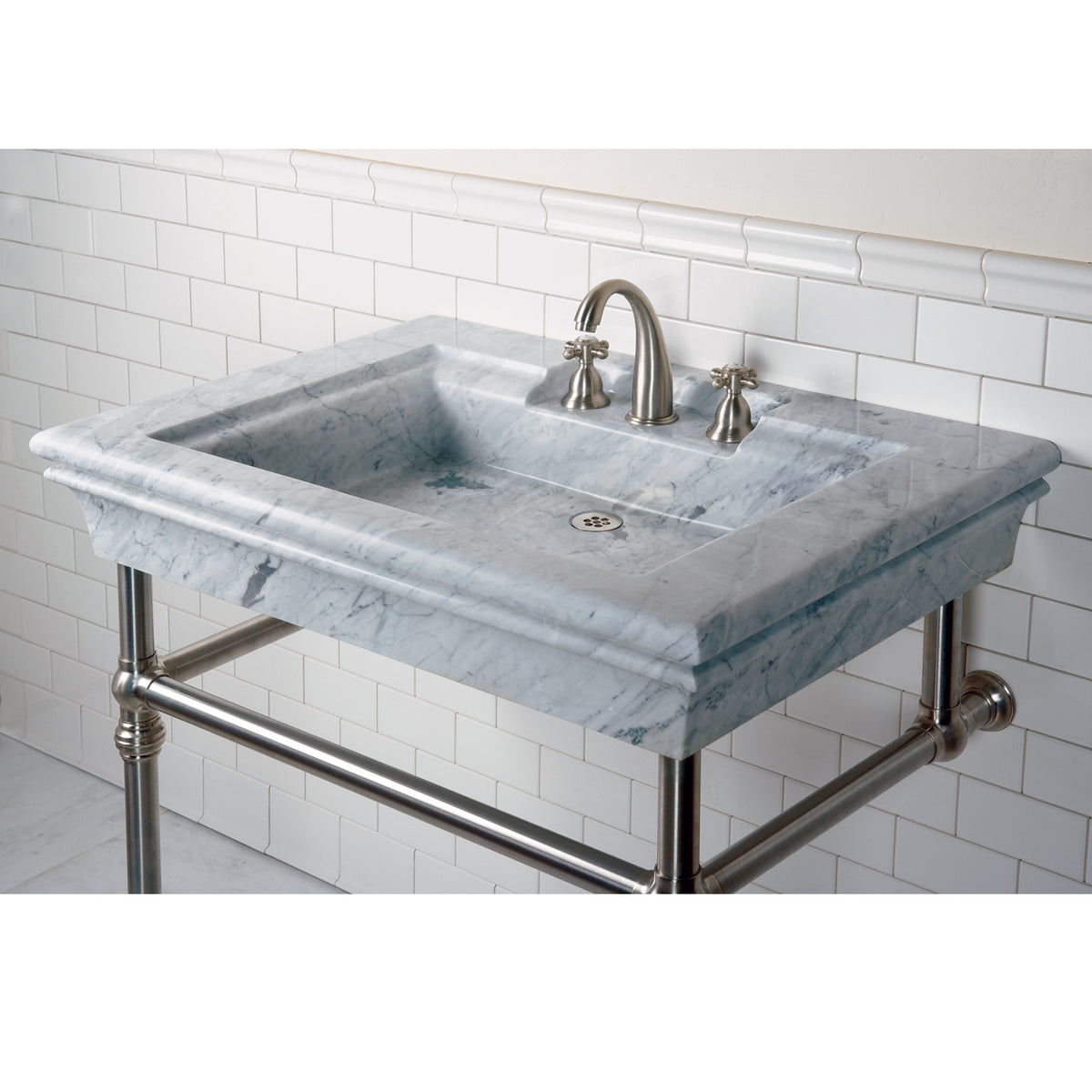 Bordeaux Vanity sink is carved from a solid block of carrara marble with a polished finish.  image 4 of 4