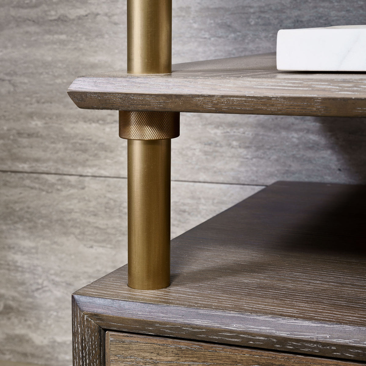 detail of Elemental Classic fittings in aged brass and cement gray wood image 3 of 4