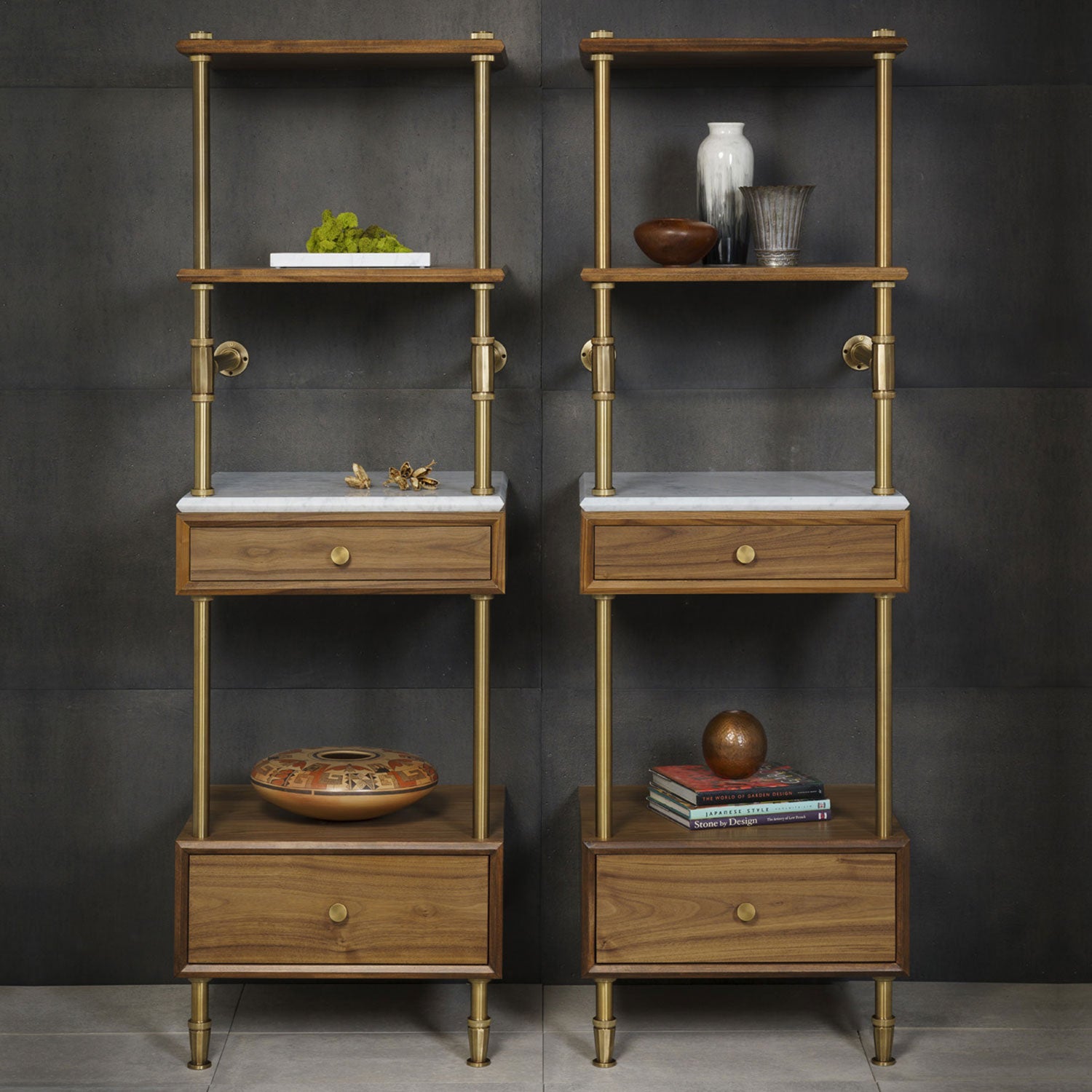 24"W Elemental Facet Storage Set in aged brass  with wood drawers & shelves featuring a stone cap-shelf on the 6"h drawer
