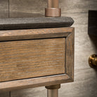Stone Forest Elemental Classic detail of fittings, cement gray wood and antique gray limestone shelf