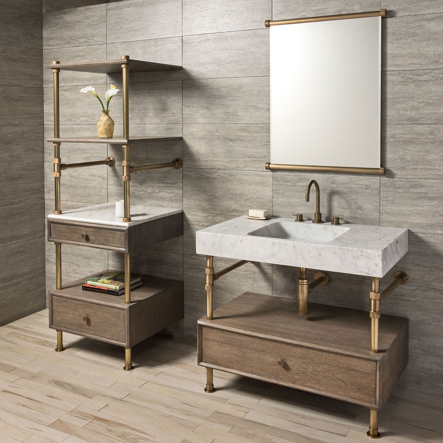 Stone Forest 24"W Elemental Classic Storage Set in aged brass  paired with a Terra Bath Sink and Drawer Vanity