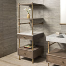 24"W Elemental Classic Storage Set in aged brass  with wood drawers & shelves featuring a stone cap-shelf on the 6"h drawer