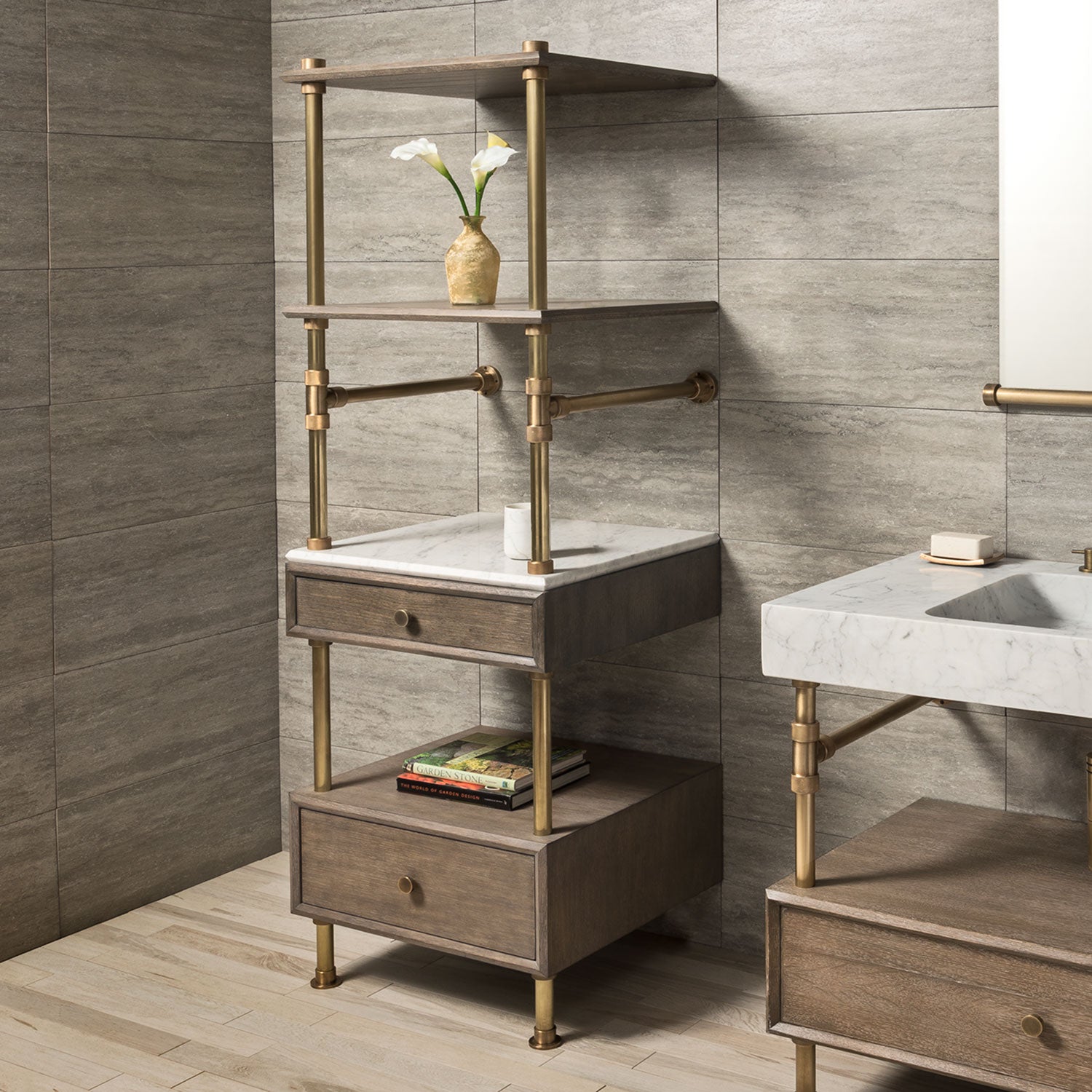24"W Elemental Classic Storage Set in aged brass  with wood drawers & shelves featuring a stone cap-shelf on the 6"h drawer
