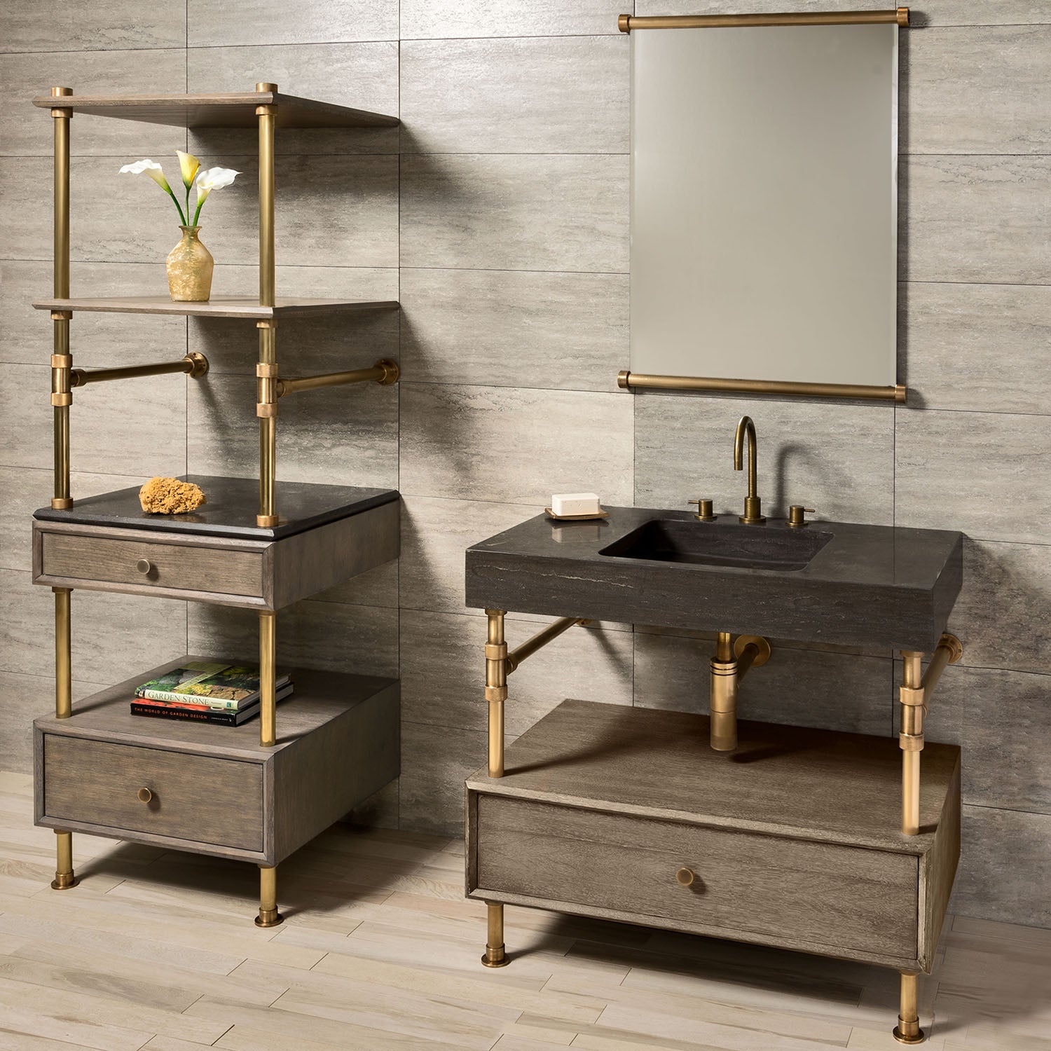 Stone Forest 24"W Elemental Classic Storage Set in aged brass  paired with a Terra Bath Sink and Drawer Vanity