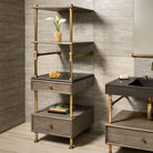 24"W Elemental Classic Storage Set in aged brass  with wood drawers & shelves featuring a stone cap-shelf on the 6"h drawer
