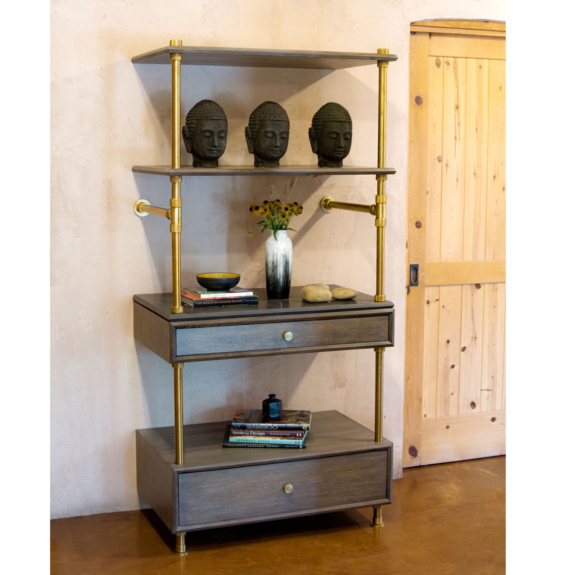 Stone Forest Elemental Classic Storage Set in aged brass and antique gray limestone.