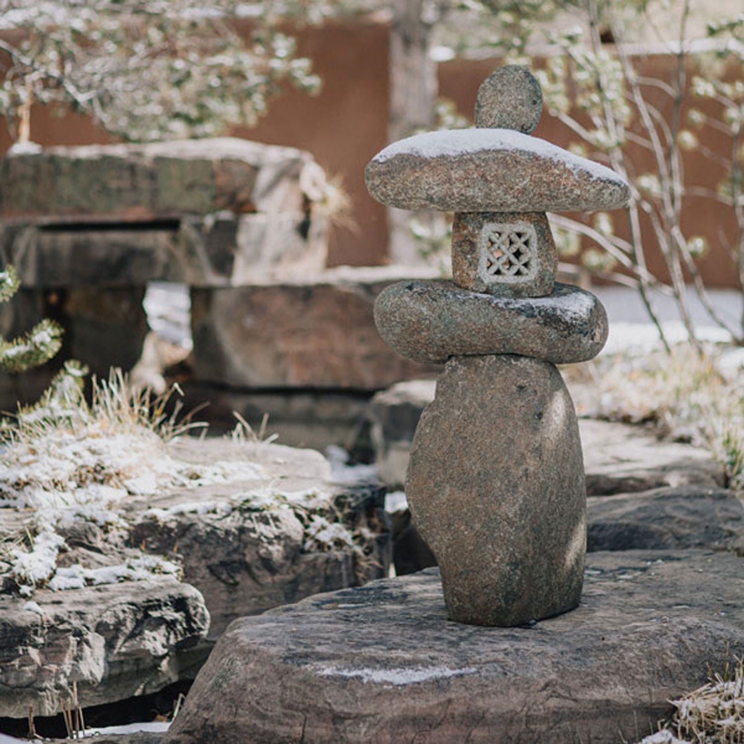 Stone Forest 48"h Wabi Stone Lantern created from natural boulders using minimal carving. 