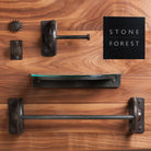 Stone Forest Industrial robe hook, mirror mount, paper holder, shelf and towl bar are all Industrial Collection Accessories forged from iron 