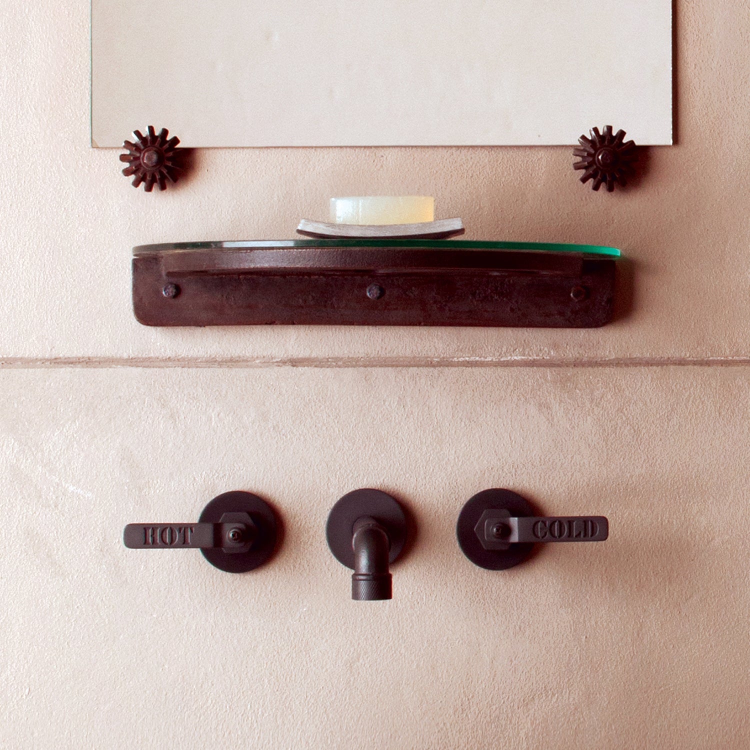 Stone Forest Industrial mirror mounts and shelf are both Industrial Collection Accessories forged from iron 