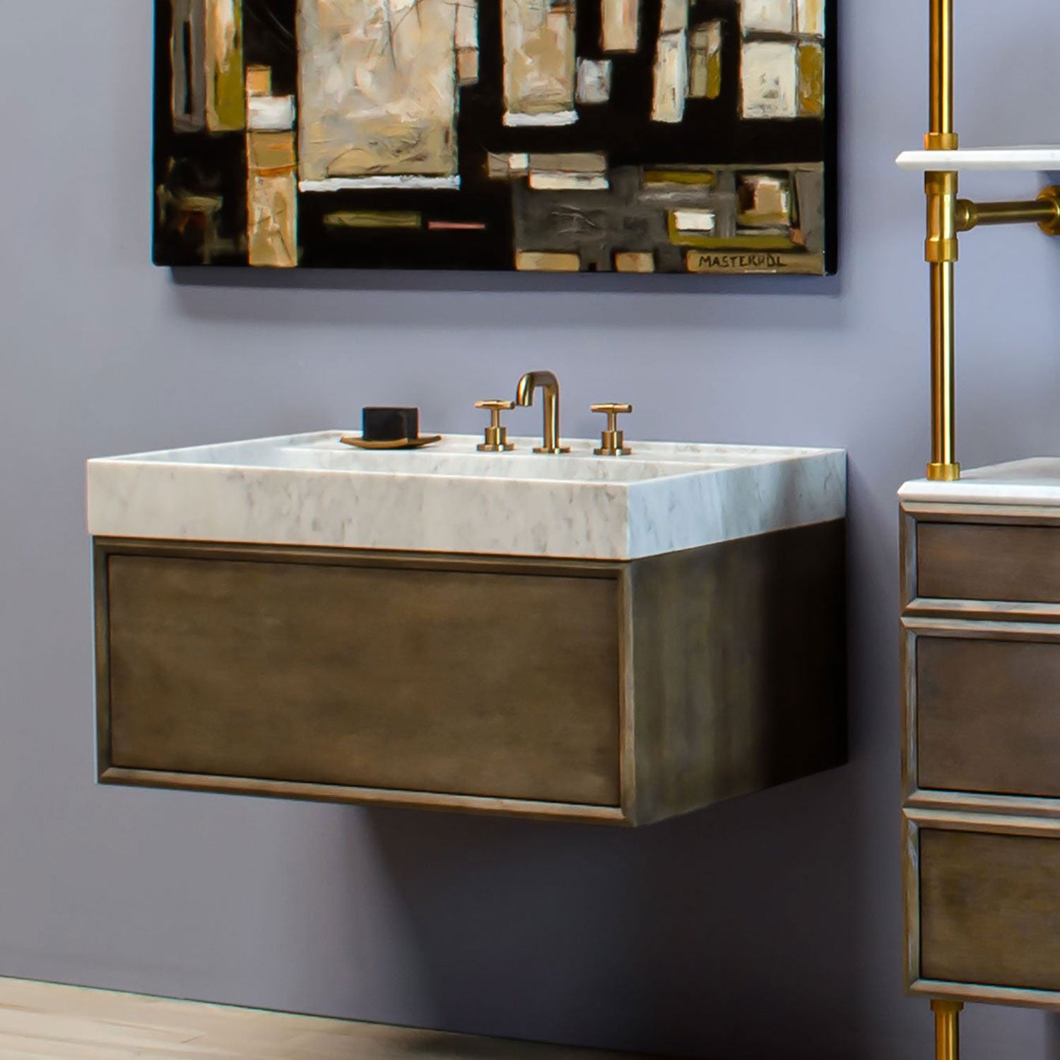 Ventus Bath Sink with Faucet Deck in carrara marble paired with Elemental Hanging Vanity in cement gray wood