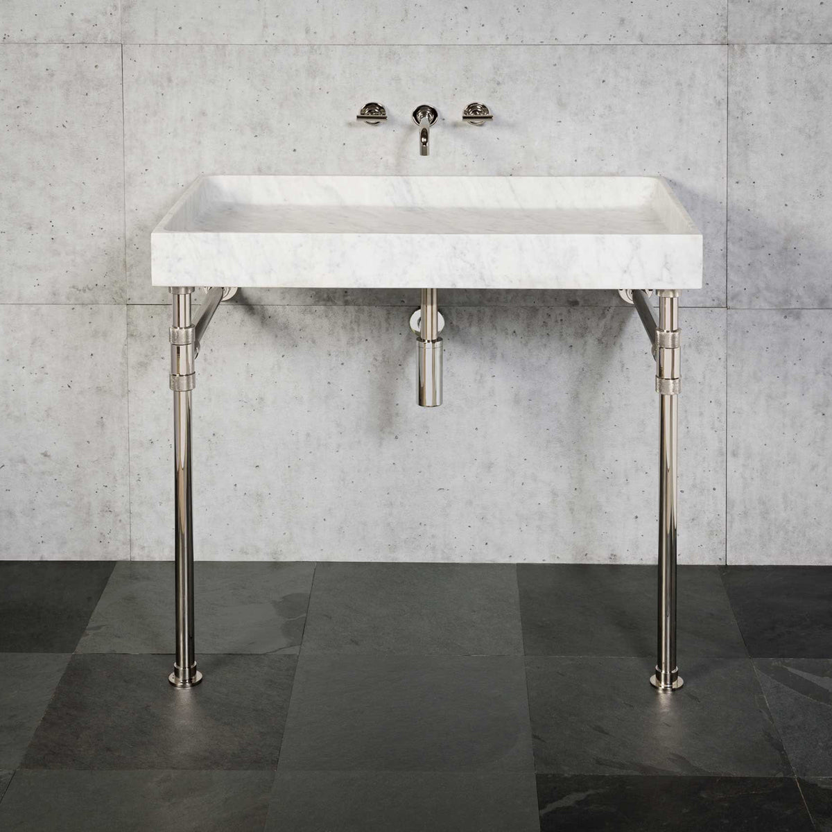 Ventus Bath Sink in carrara marble paired with Elemental Classic Vanity Legs in polished nickel image 2 of 4