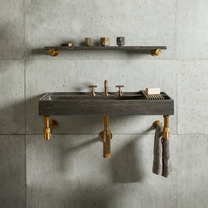 Ventus Bath Sink with Faucet Deck in antique gray limestone Paired With Elemental Classic Wall Unit in aged brass image 1 of 3