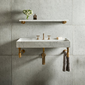 Ventus Bath Sink with Faucet Deck in carrara marble paired with Elemental Classic Wall Unit in aged brass image 1 of 3