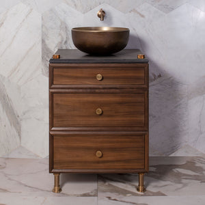 Elemental Classic Vessel Vanity with Split Drawers  in aged brass, walnut and antique gray limestone image 1 of 2