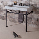 Ventus Bath Sink with Faucet Deck in carrara marble  paired with Elemental Classic Legs with Crossbar in matte black