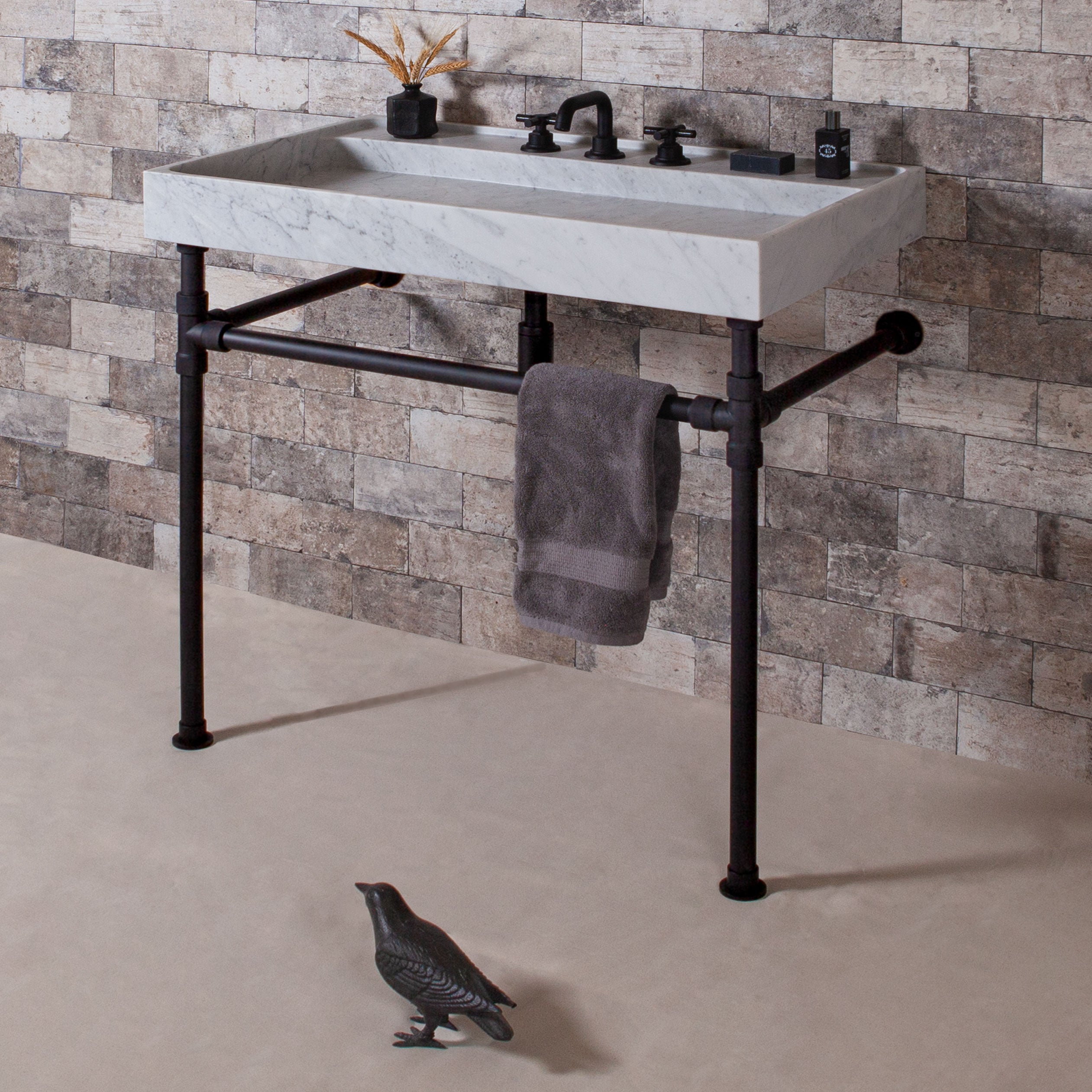 Ventus Bath Sink with Faucet Deck in carrara marble  paired with Elemental Classic Legs with Crossbar in matte black