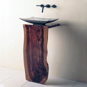 Stone Forest L-Slab Pedestal made from sustainable hardwood with white bronze Zen vessei sink image 1 of 2