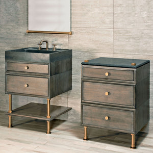 Stone Forest Elemental Classic Side Table in aged brass and antique gray limestone.  Elemental Classic Vanity with split drawers and Ventus Bathsink. image 1 of 3