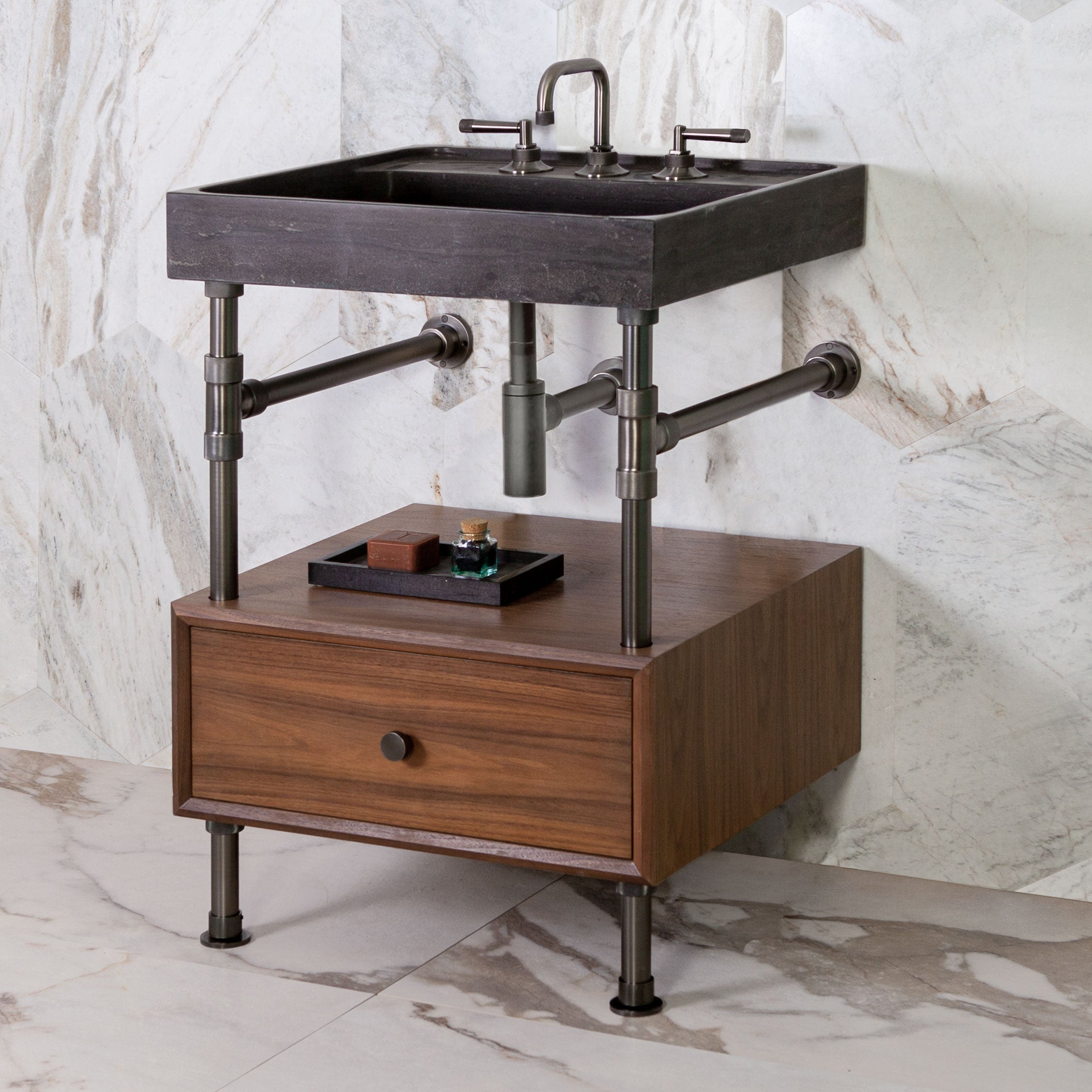 Ventus Bath Sink with Faucet Deck in antique gray limestone with Elemental Classic Drawer Vanity in graphite with walnut drawer