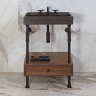 Ventus Bath Sink with Faucet Deck in antique gray limestonepaired with Elemental Classic Drawer Vanity in matte black with walnut drawer