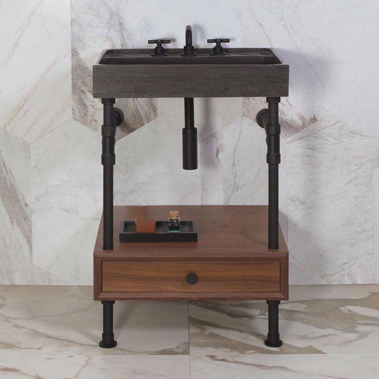 Ventus Bath Sink with Faucet Deck in antique gray limestonepaired with Elemental Classic Drawer Vanity in matte black with walnut drawer