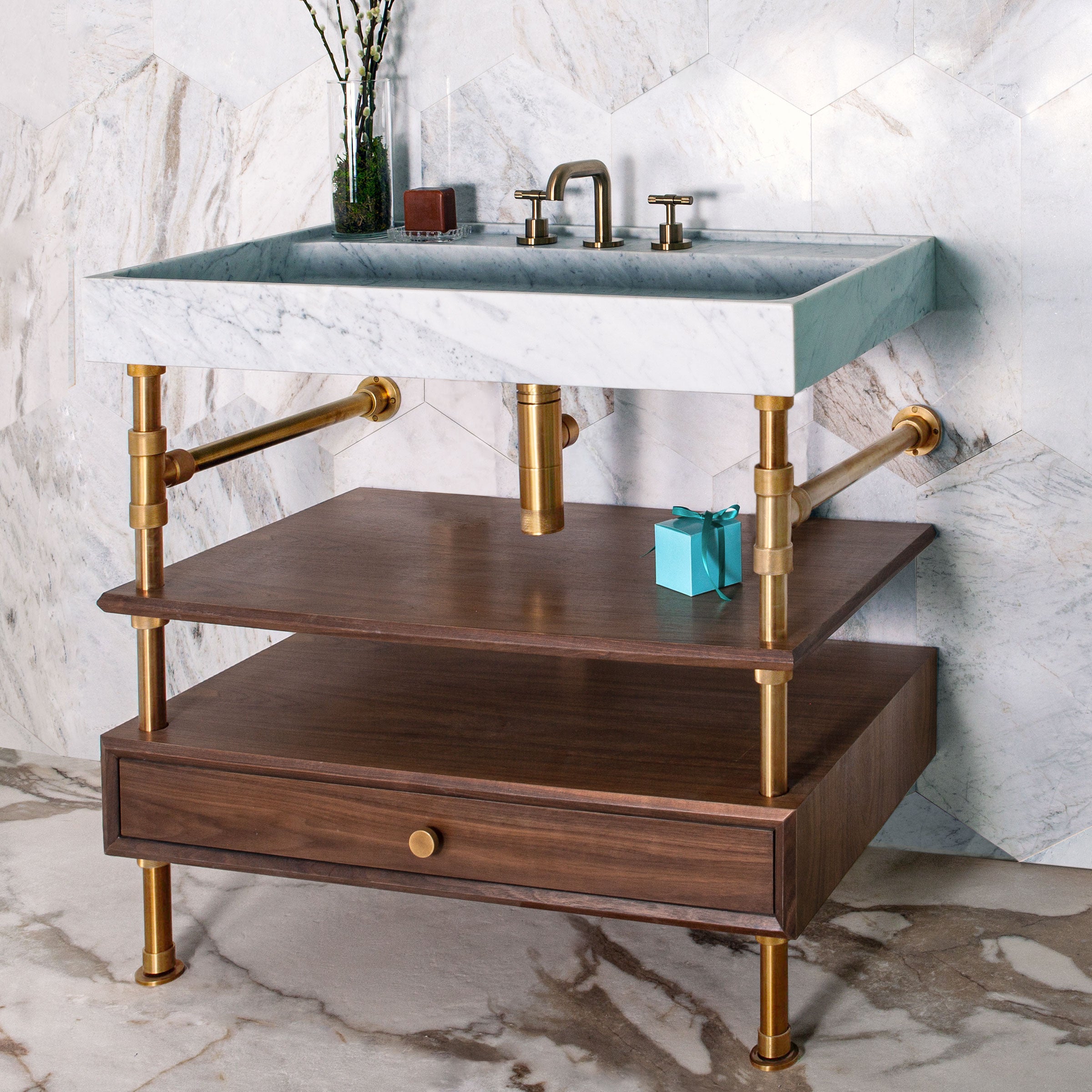 Ventus Bath Sink with Faucet Deck in carrara marble paired with Elemental Classic Console Vanity in aged brass with walnut wood