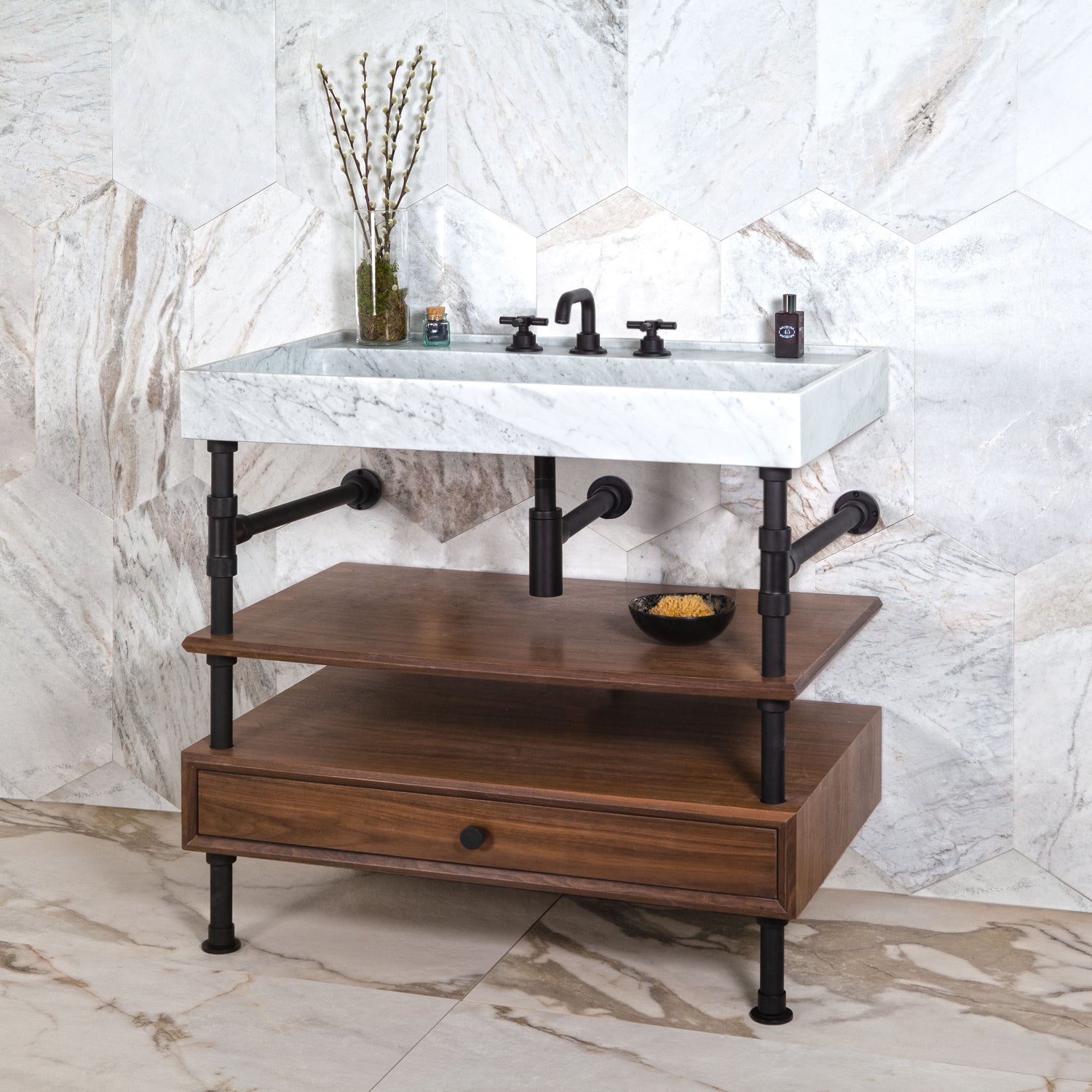 Ventus Bath Sink with Faucet Deck in carrara marble paired with Elemental Classic Console Vanity in matte black with walnut wood