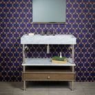 Ventus Bath Sink with Faucet Deck in carrara marble paired with Elemental Facet Console Vanity with Stone Shelf in polished nickel