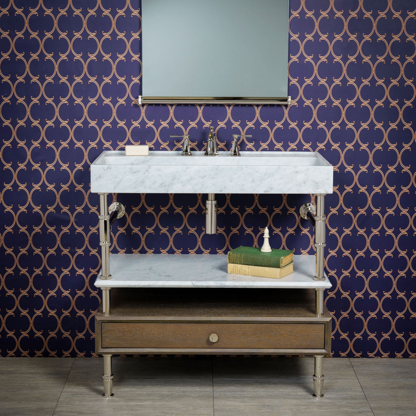 Ventus Bath Sink with Faucet Deck in carrara marble paired with Elemental Facet Console Vanity with Stone Shelf in polished nickel