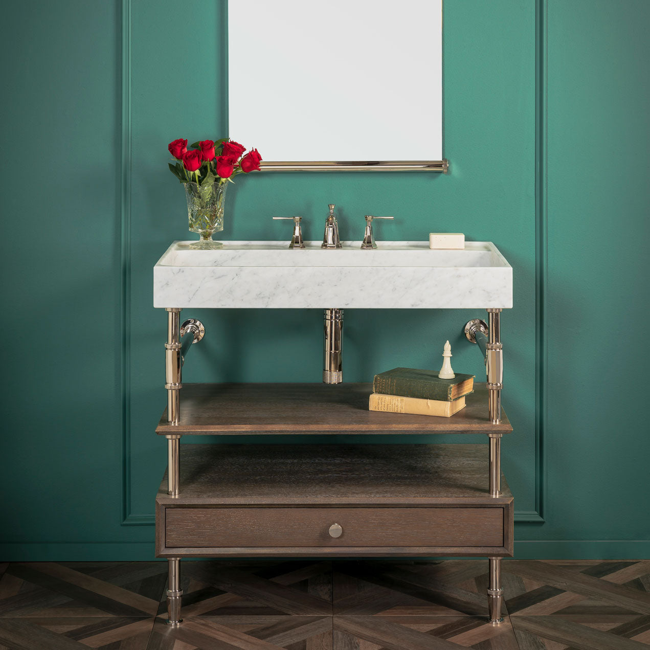 Ventus Bath Sink with Faucet Deck in carrara marble  paired with Elemental Facet Console Vanity in polished nickel
