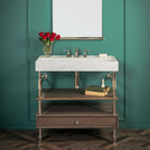 Ventus Bath Sink with Faucet Deck in carrara marble  paired with Elemental Facet Console Vanity in polished nickel
