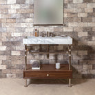 Ventus Bath Sink with Faucet Deck in carrara marble paired with Elemental Classic Legs with Crossbar and added Drawer in polished nickel