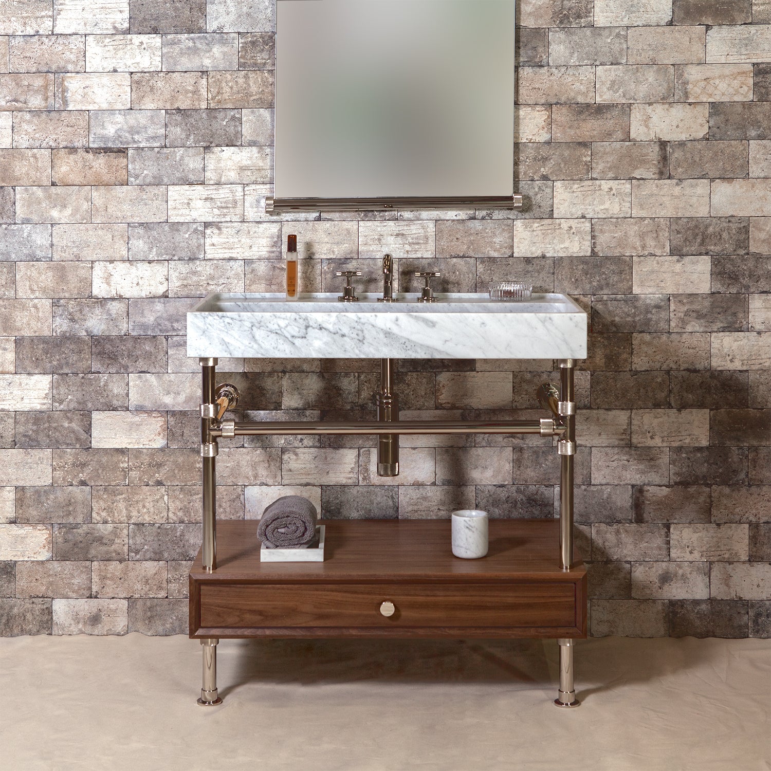 Ventus Bath Sink with Faucet Deck in carrara marble paired with Elemental Classic Legs with Crossbar and added Drawer in polished nickel