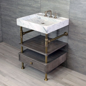 Ventus Bath Sink with Faucet Deck in carrara marble paired with Elemental Classic Console Vanity in aged brass image 1 of 2