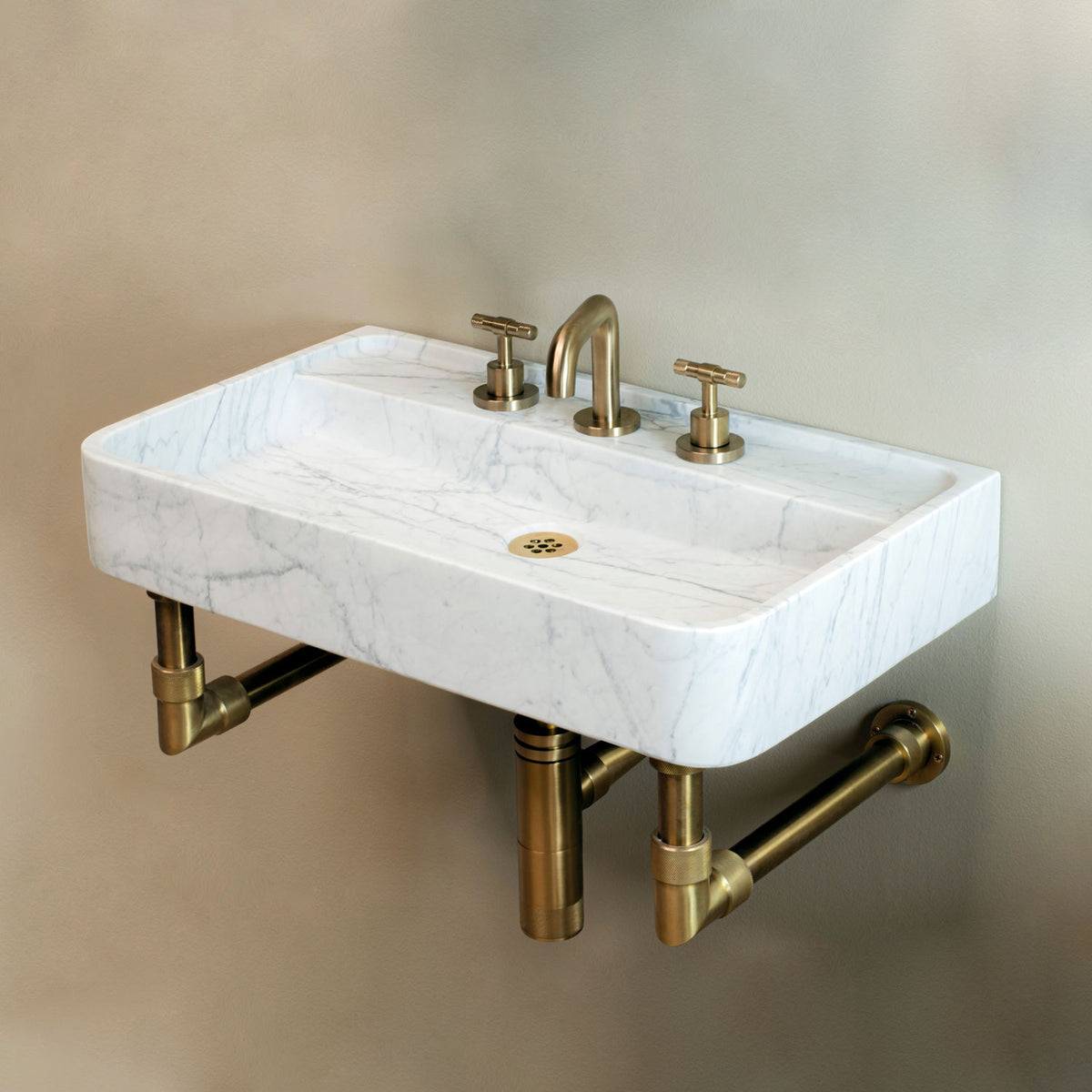 Carrara Marble Lembre bath sink on Elemental Classic wall unit in aged brass image 2 of 4